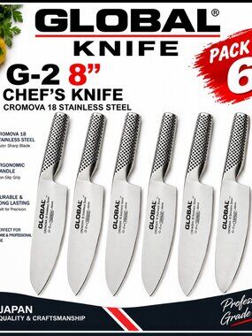 Global 8" Classic Stainless Steel Chef Knife –G2 Kitchen CookingKnife –Pack of 6